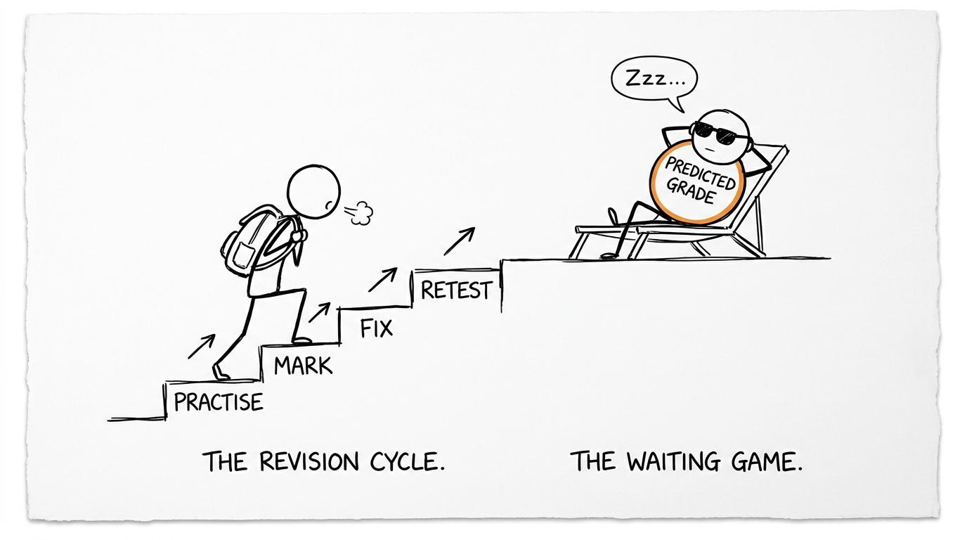 The predicted grade relaxes while the student climbs the practise, mark, fix and retest steps