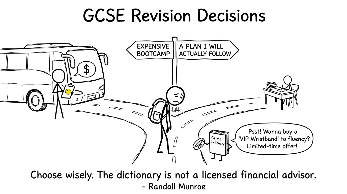 A student choosing between an expensive bootcamp and a realistic revision plan
