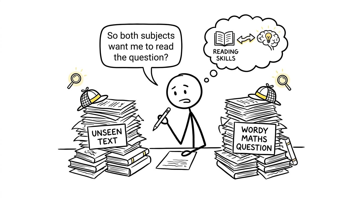 Unseen English texts and wordy maths questions compare detective hats