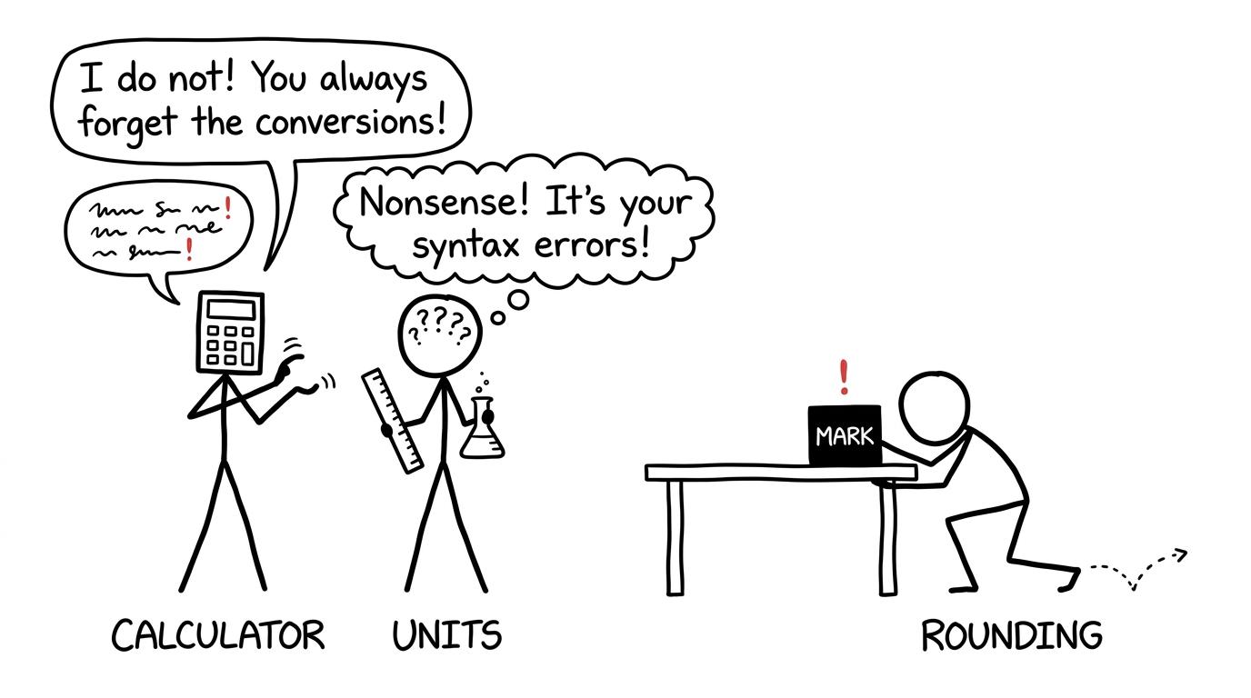 Stick figures arguing: Calculator vs Units, while Rounding steals a mark