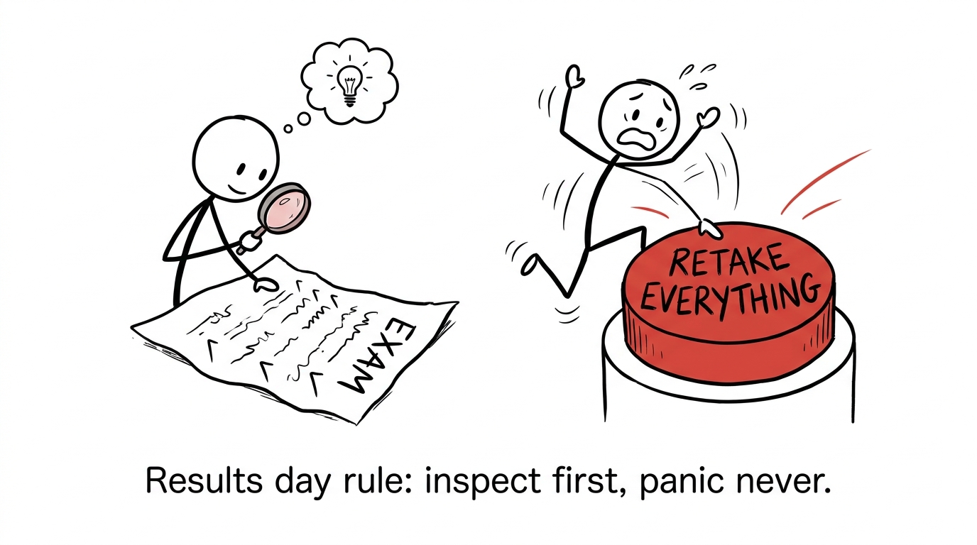A calm student inspects an exam paper before another student presses the retake button