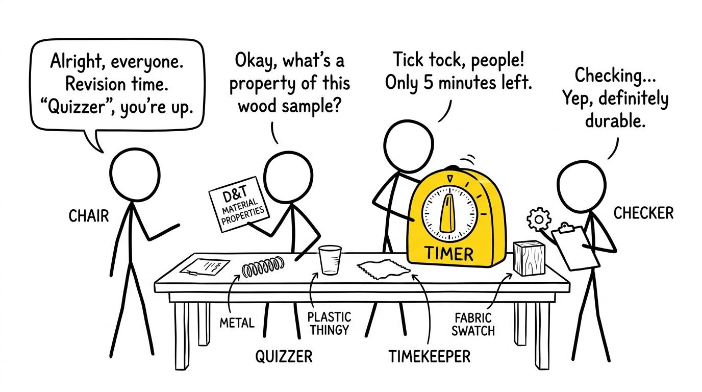 Four study-group members with rotating jobs while an enthusiastic timekeeper guards a giant timer
