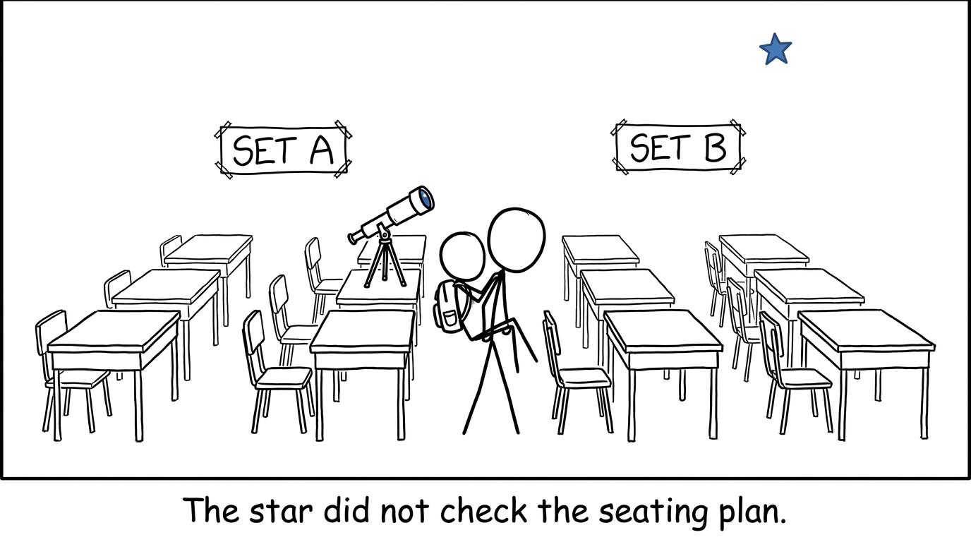 A student changes classroom sets while the star ignores the seating plan