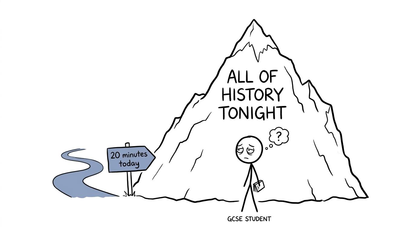 A student choosing a small daily path instead of climbing the entire history mountain