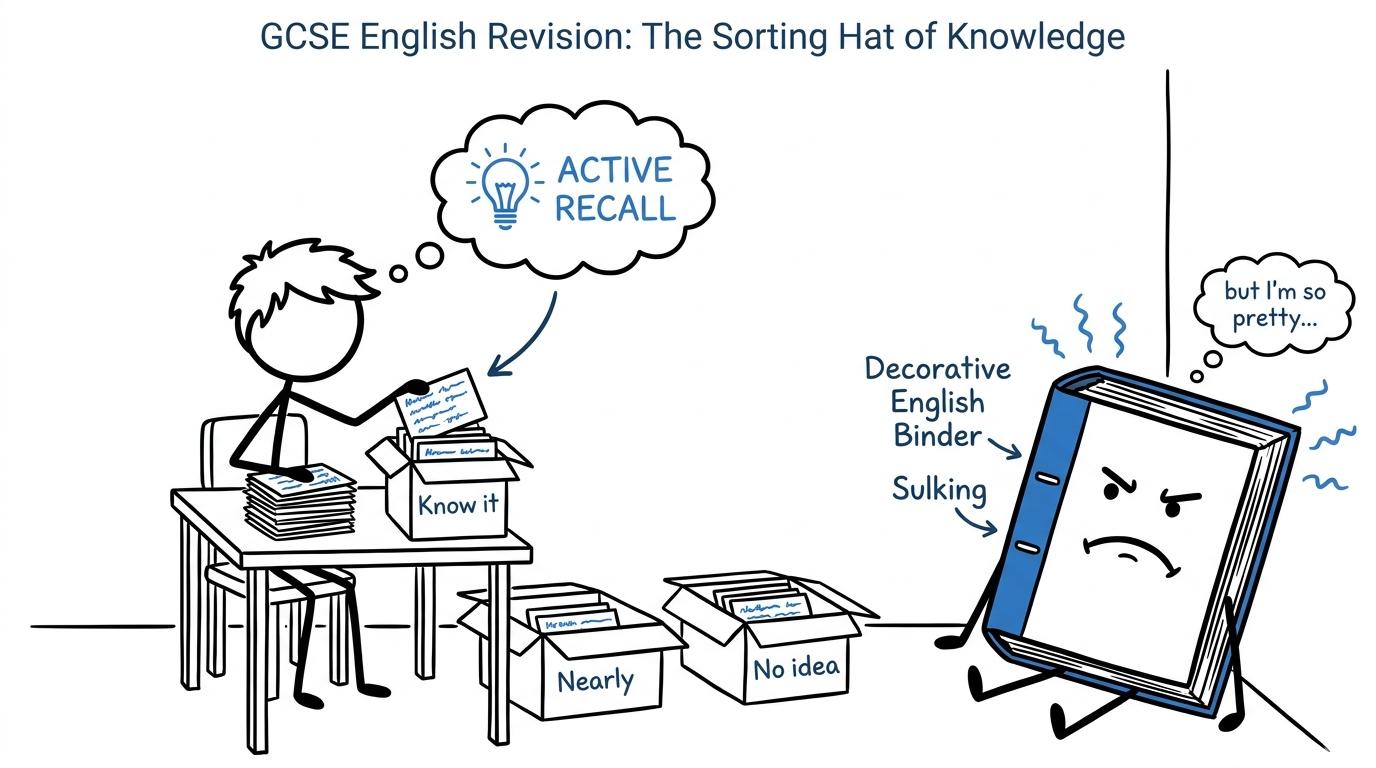 A student sorts revision prompts while an oversized decorative binder watches