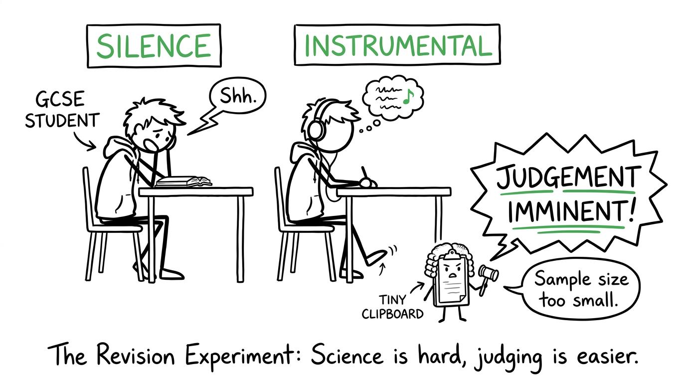 A GCSE student runs a dramatic silence versus instrumental revision experiment