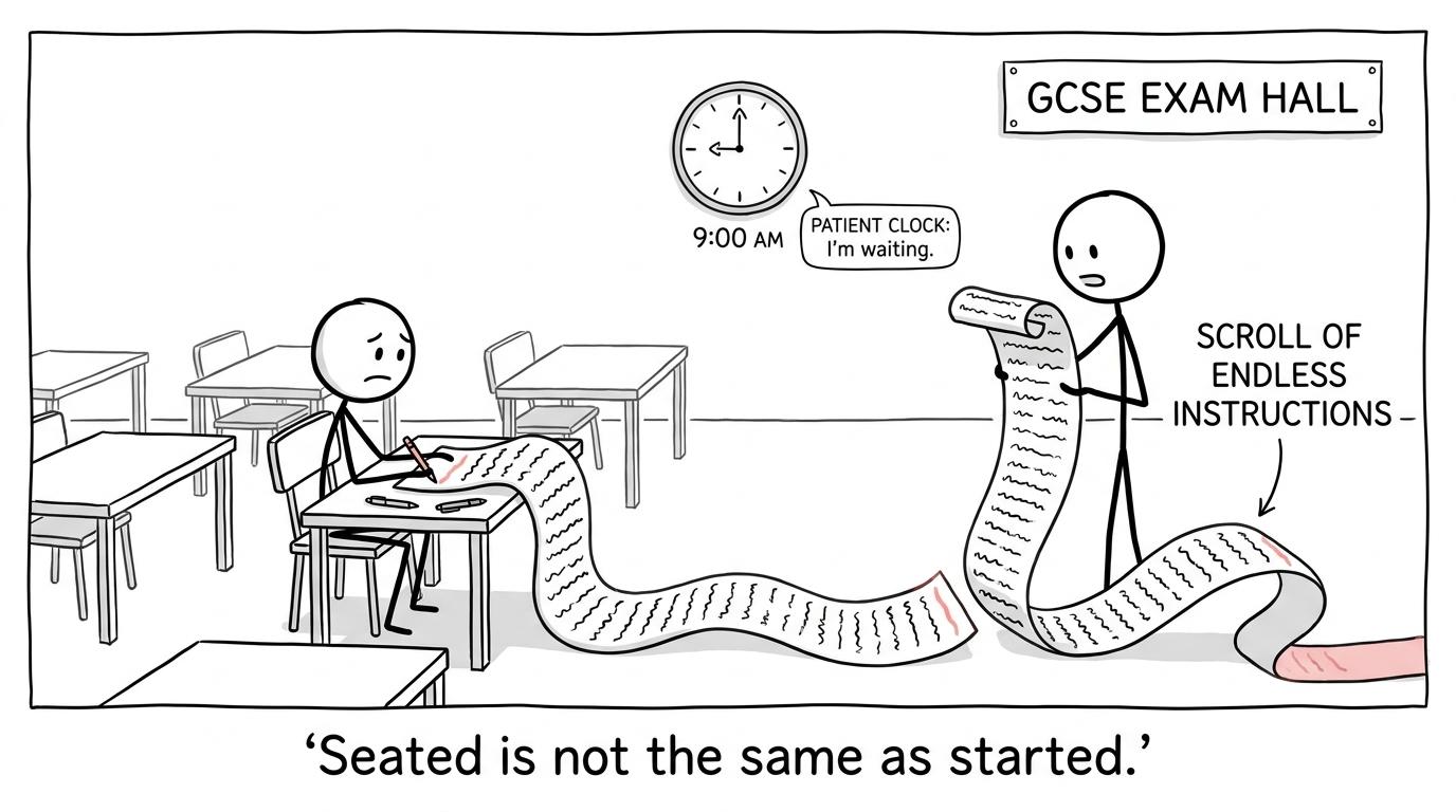 A seated student waits while an invigilator reads instructions from a very long scroll