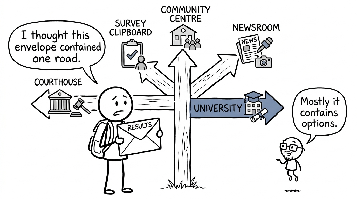 A student discovers that a results envelope contains several possible roads