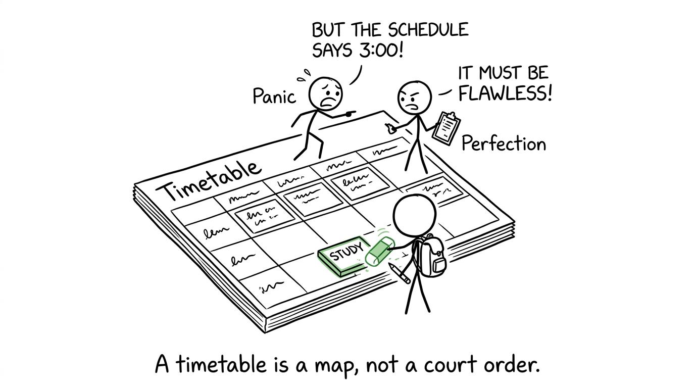Revision gremlins argue while a student calmly edits the timetable