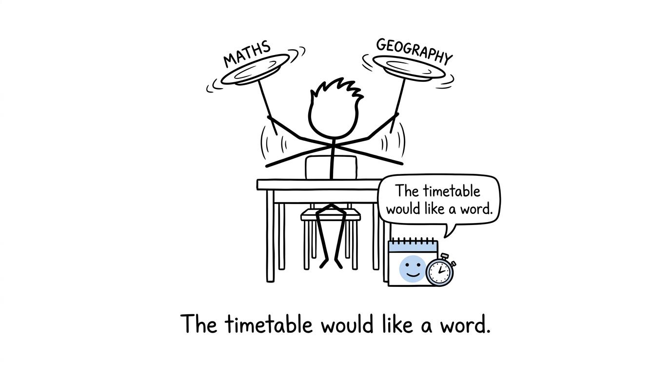 A student balances Geography and Maths while the timetable watches