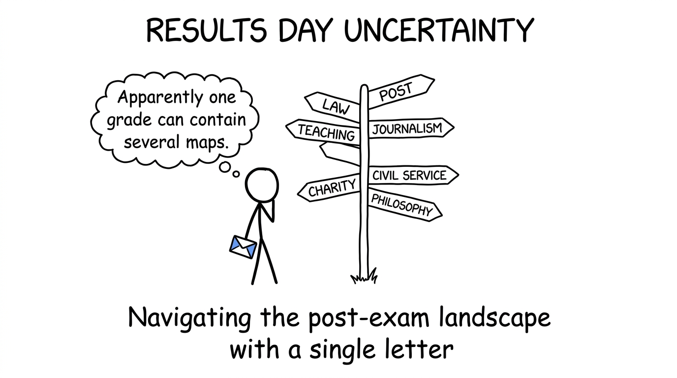 A student discovering several career routes at a results-day signpost