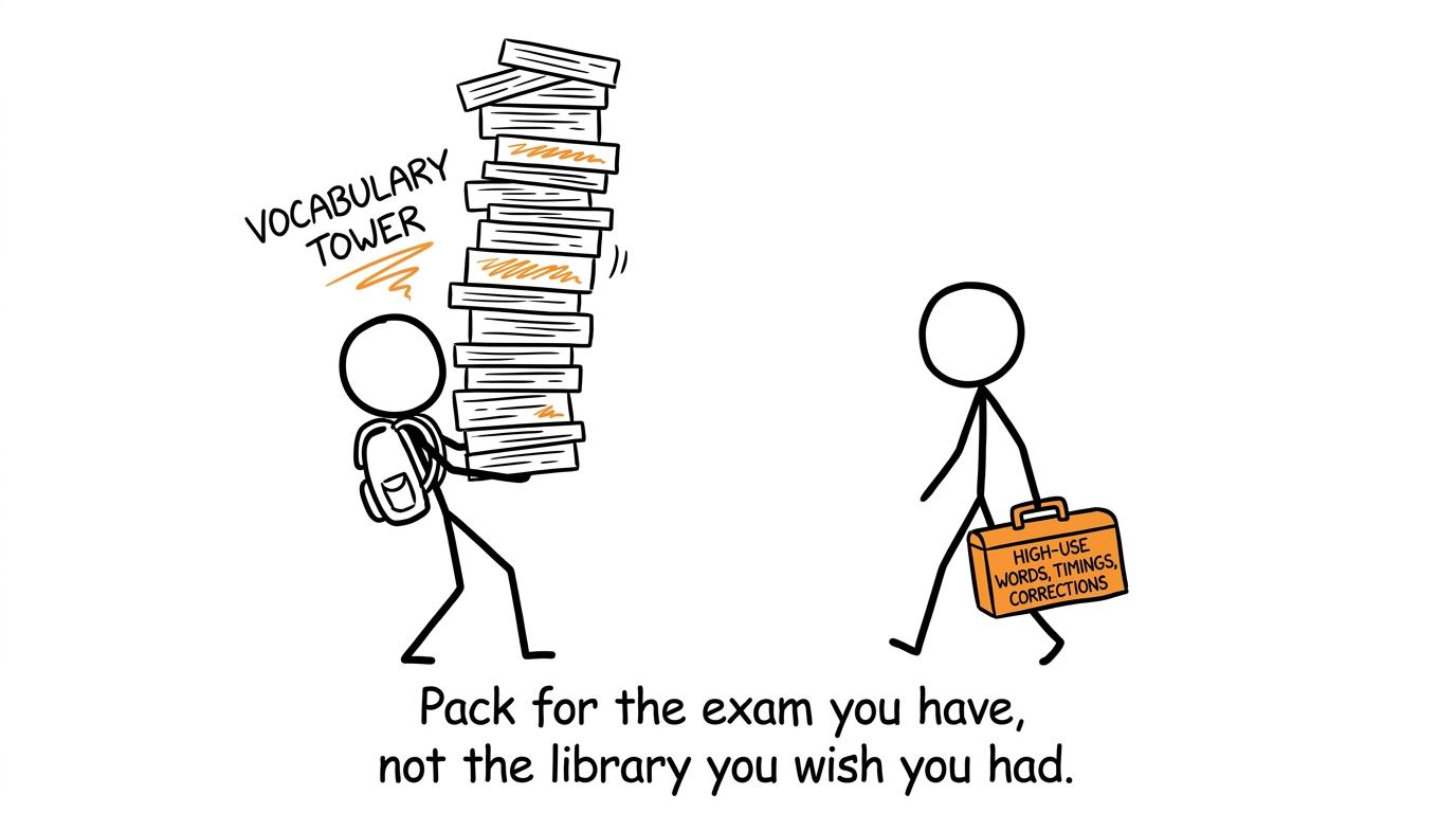 A student chooses a small revision toolbox instead of carrying every vocabulary card