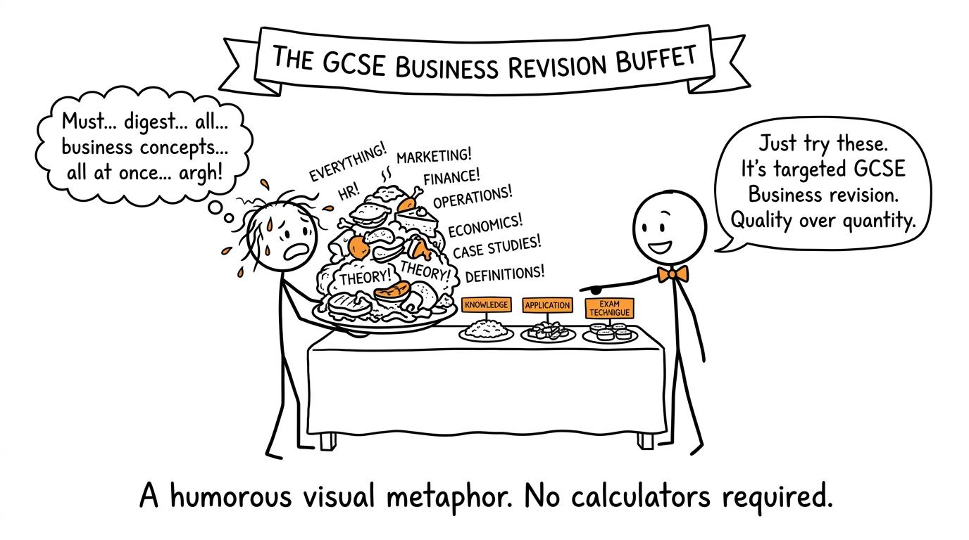 A revision buffet where a student learns to choose three useful dishes instead of everything