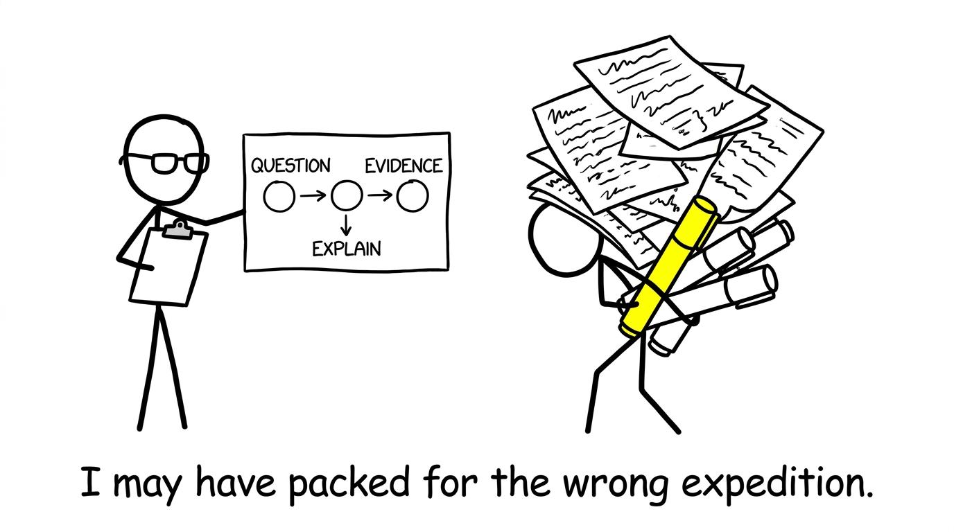 A student bringing excessive highlighters to an examiner who only wanted a clear answer plan