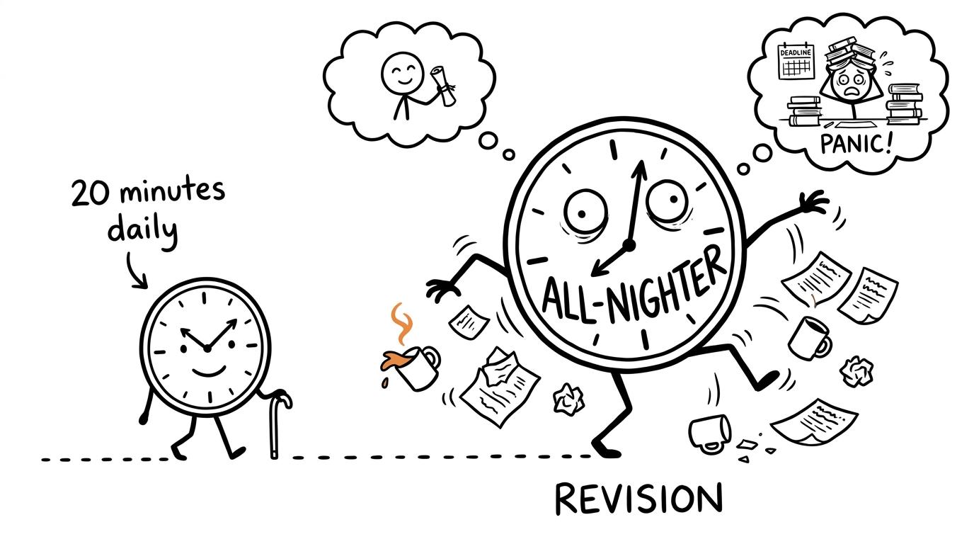 A calm daily revision clock steadily beats a chaotic all-nighter surrounded by coffee cups