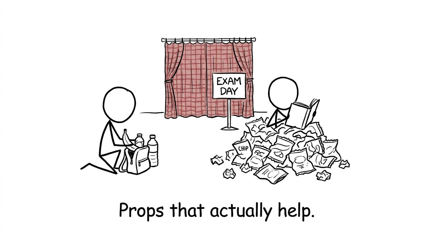 Students discover that simple food and water make better exam props than a mountain of wrappers