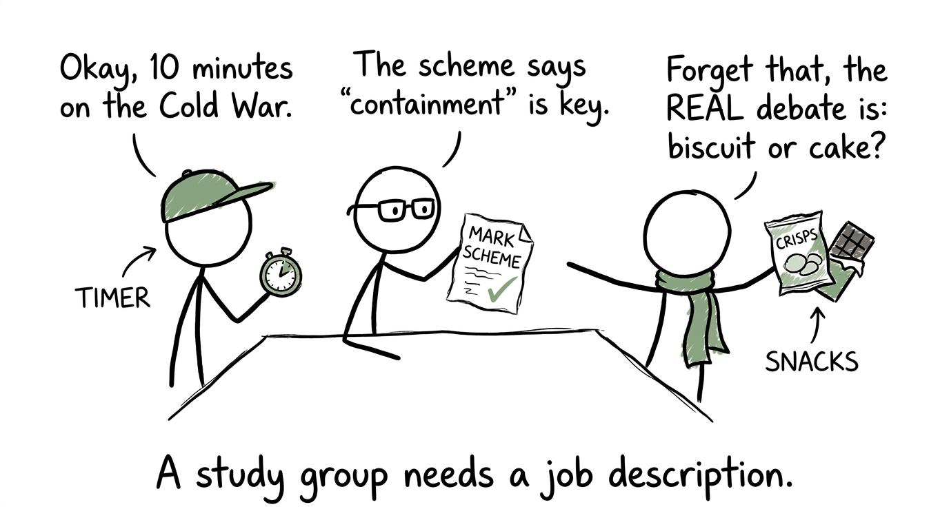 A revision group learns that timers and mark schemes are more useful than a long snack debate