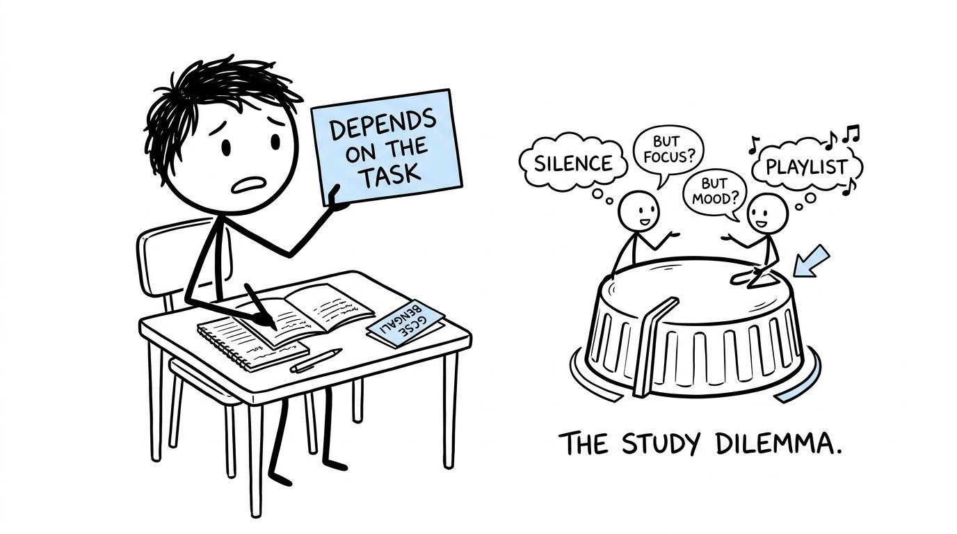 A student choosing between silence and a playlist for Bengali revision