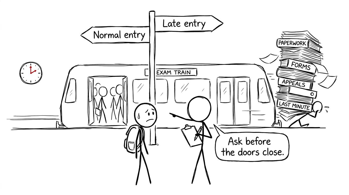 A student choosing between normal and late exam entry trains