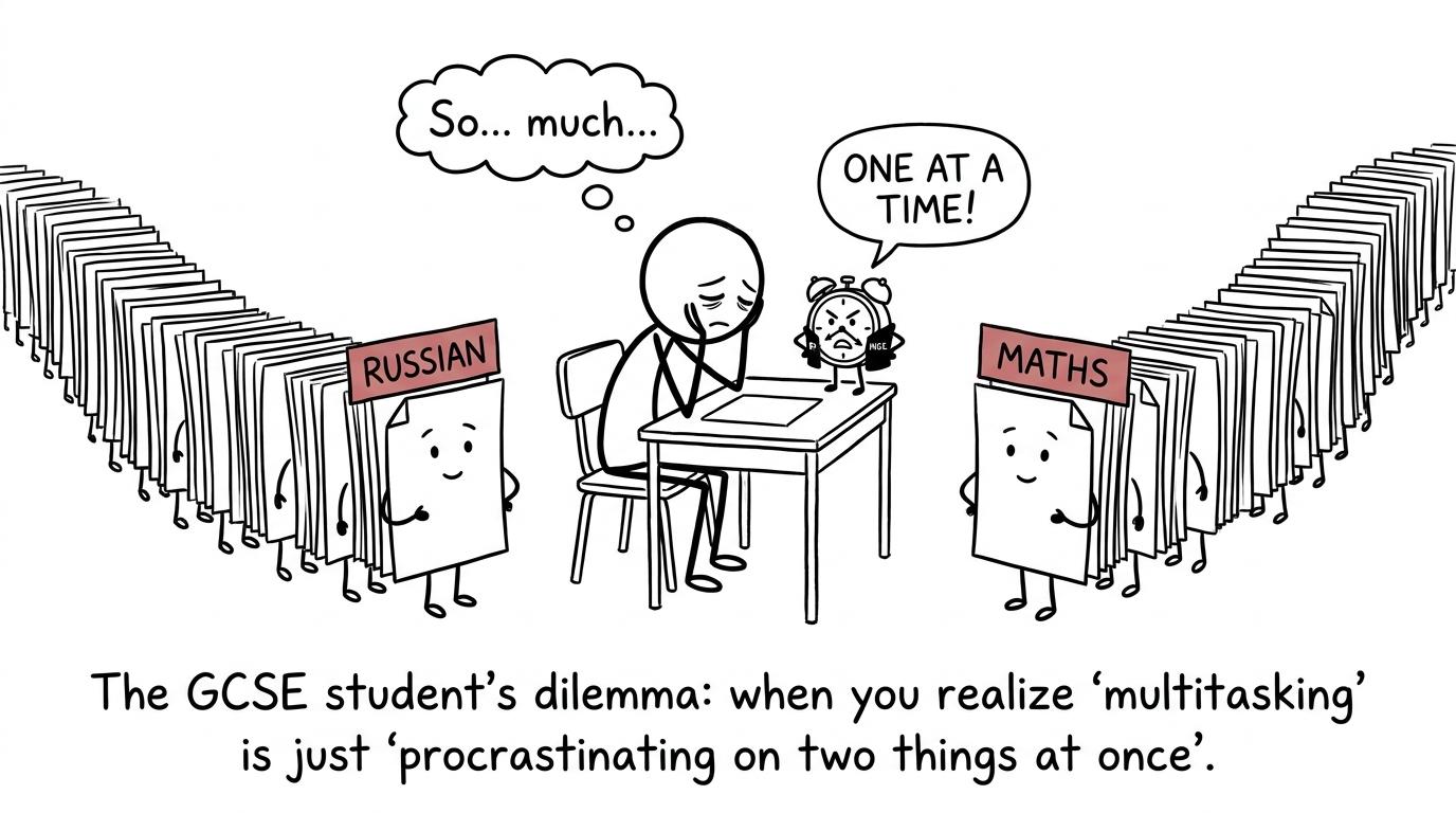 A GCSE student negotiating two queues of Russian and maths homework while a clock controls the evening