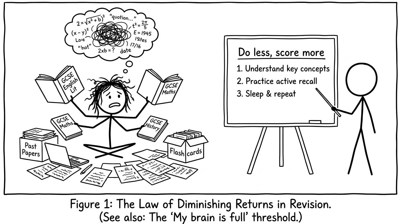 A student tries to revise everything at once while a friend points to a simple checklist