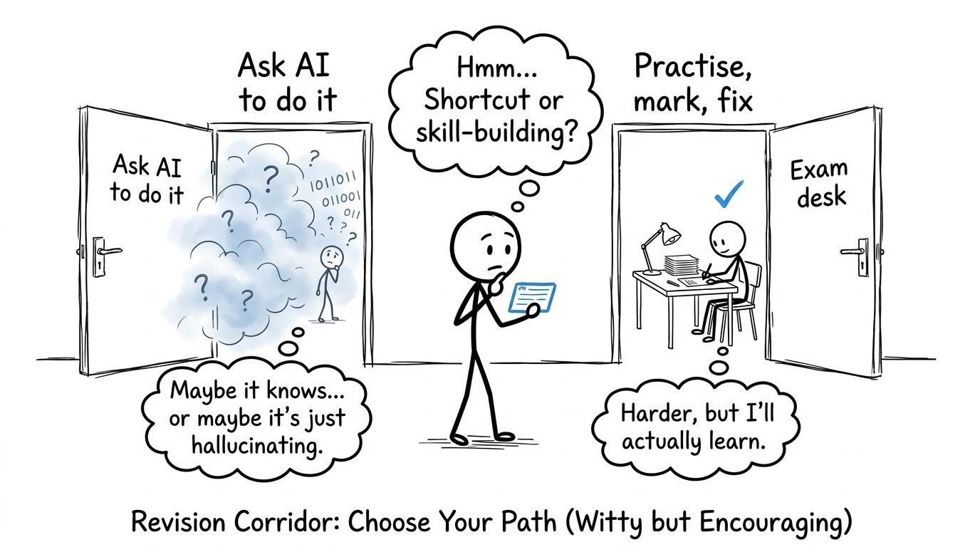 A student chooses between asking AI to do the work and practising, marking and fixing