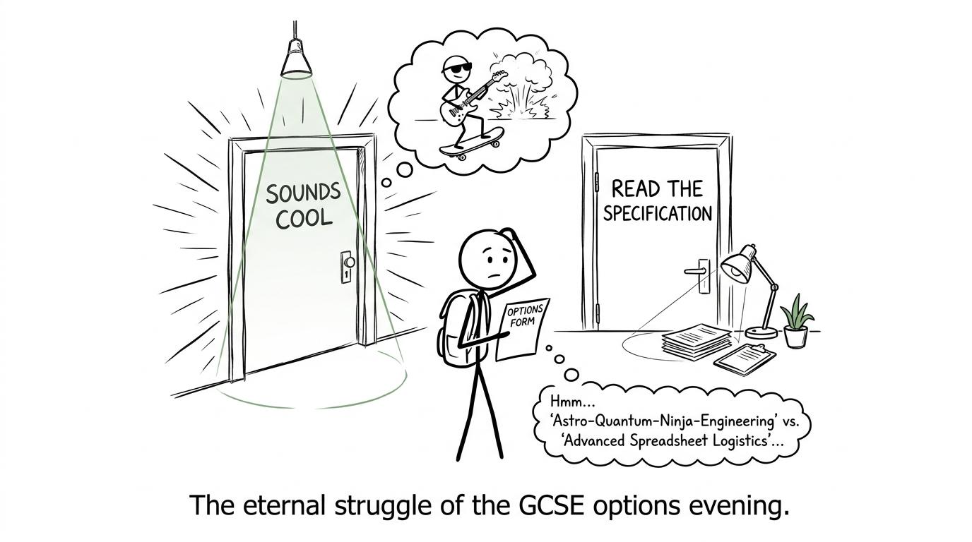 A student chooses between an exciting course name and reading the specification