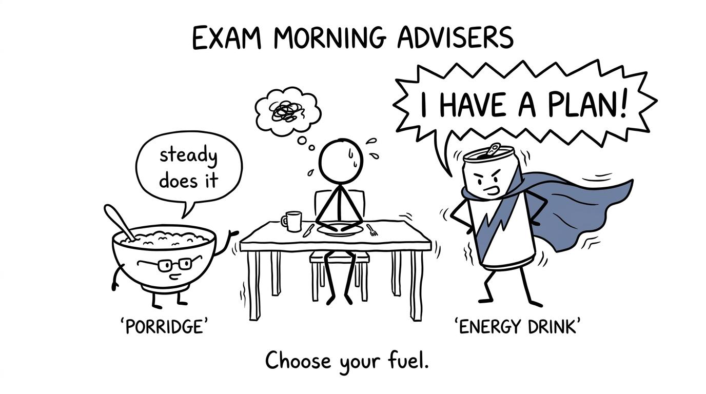 A bowl of porridge gives calm advice while an overconfident energy drink announces that it has a plan