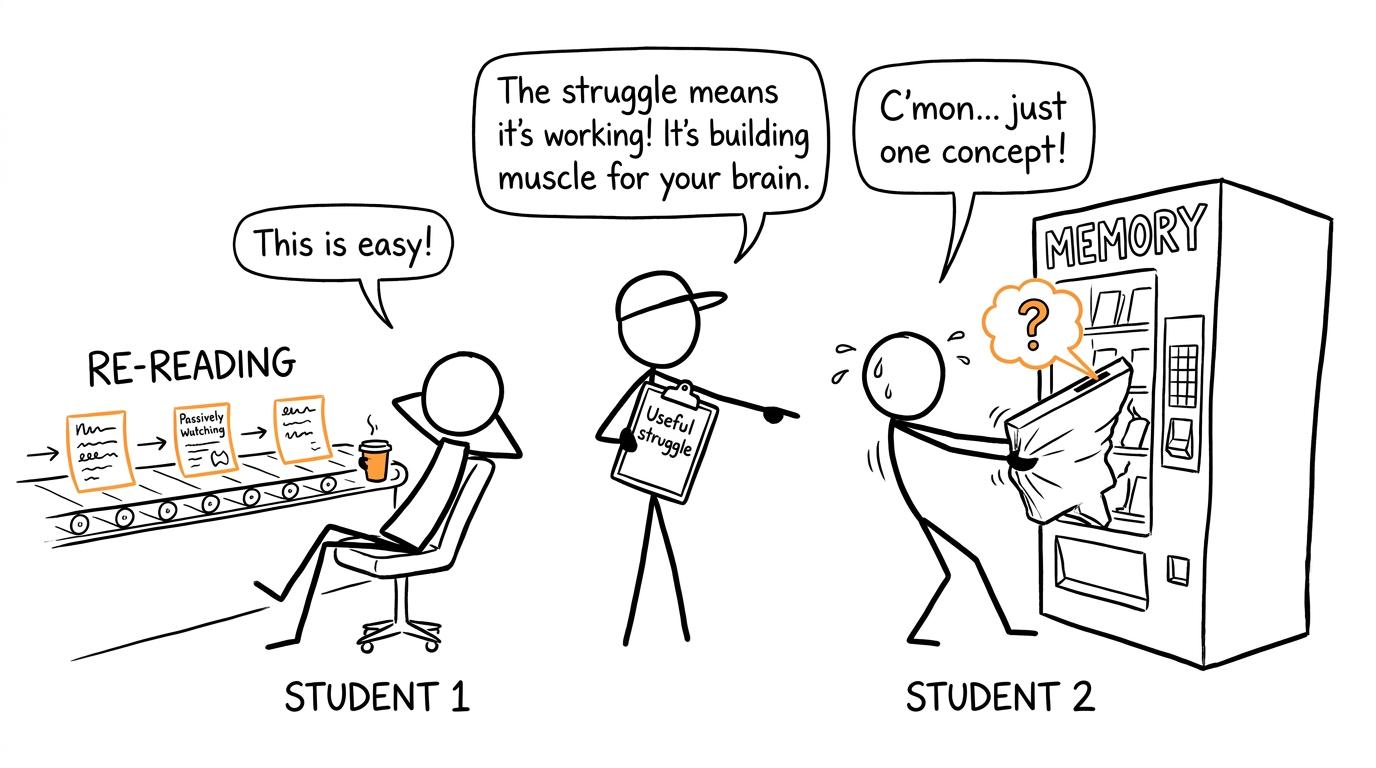 In a revision gym, retrieving an idea from memory proves harder than watching notes pass by