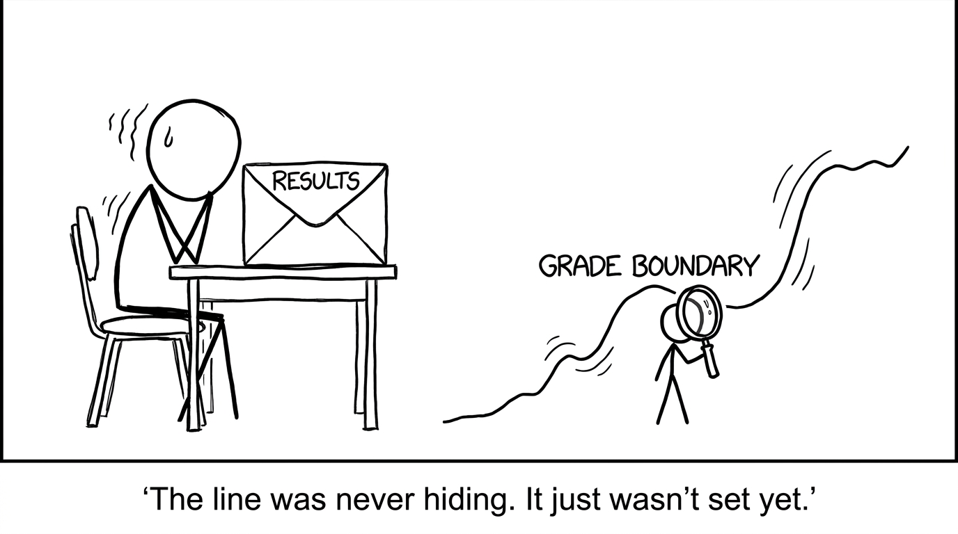 A nervous student waits while a historian examines a moving grade boundary