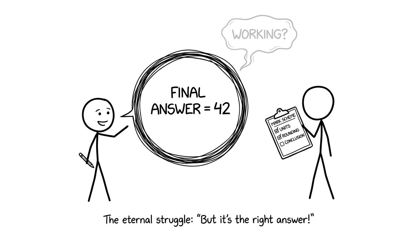 A student writes only a final answer while a ghostly mark scheme asks “Working?”