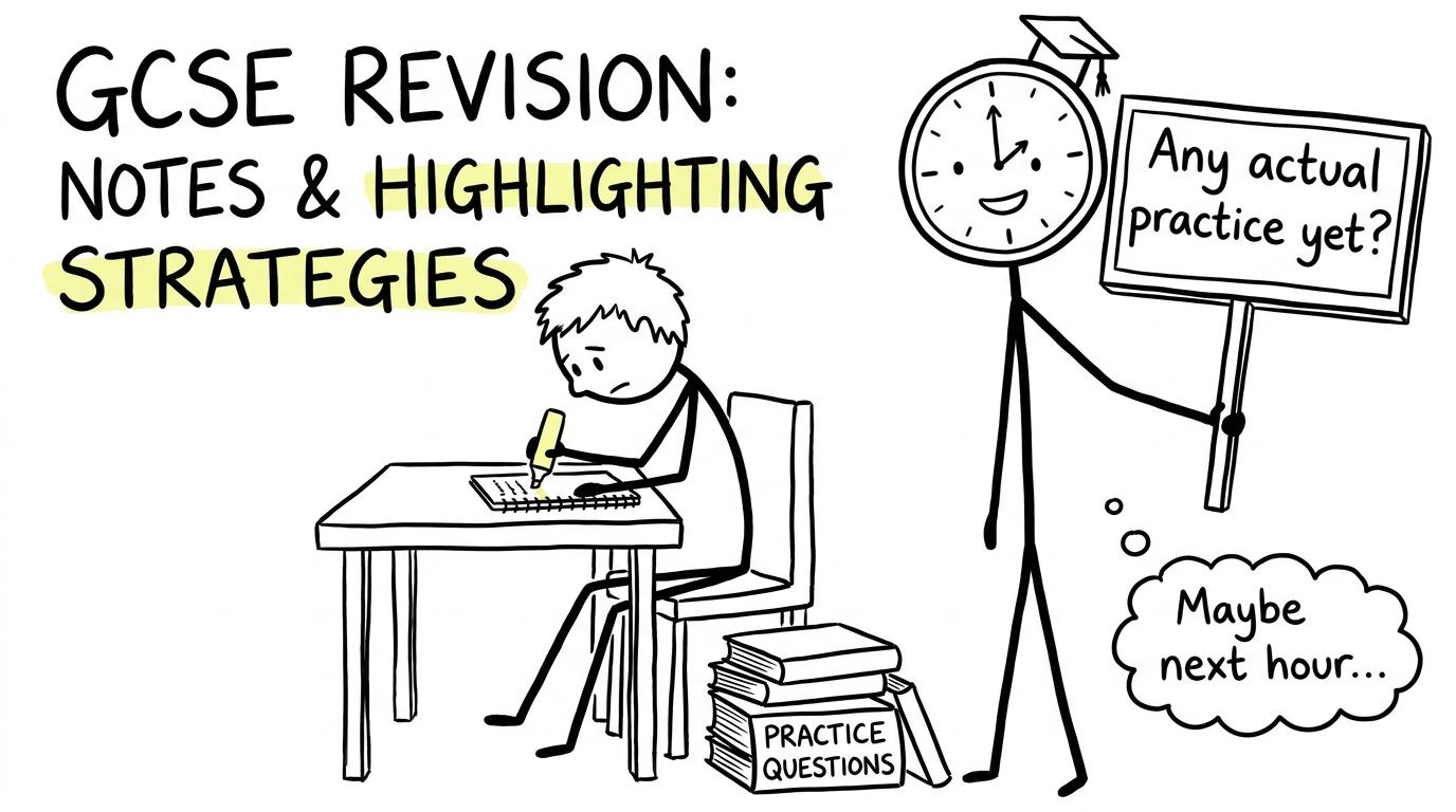 A student colour-coding a revision title while the exam clock asks whether any practice has happened