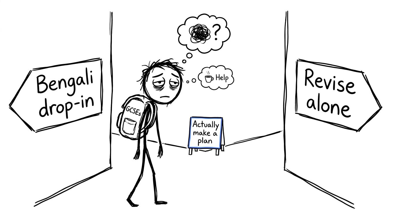 A student choosing between a Bengali drop-in and revising alone while a third sign recommends making a plan