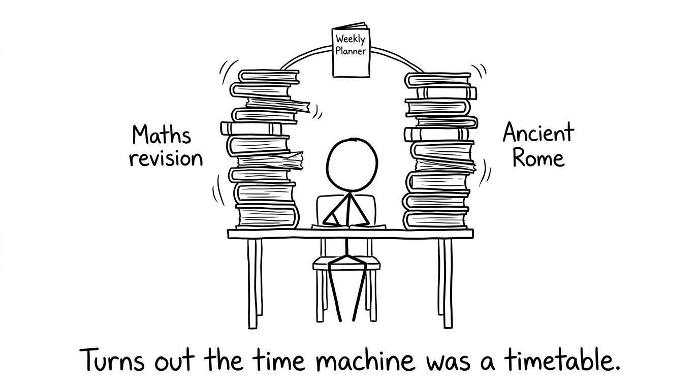 A student balancing maths revision and Ancient Rome with a weekly planner