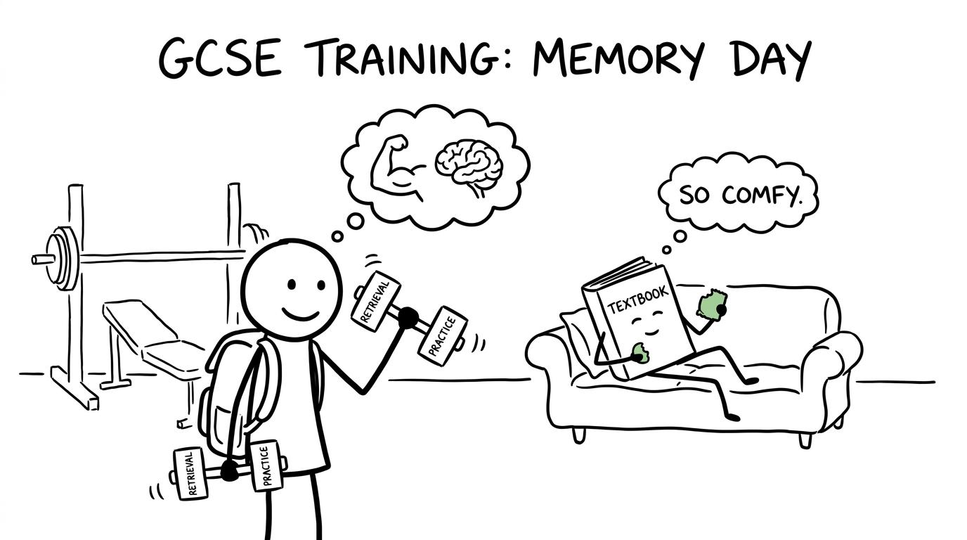 A comic showing vocabulary cards acting as memory-training weights