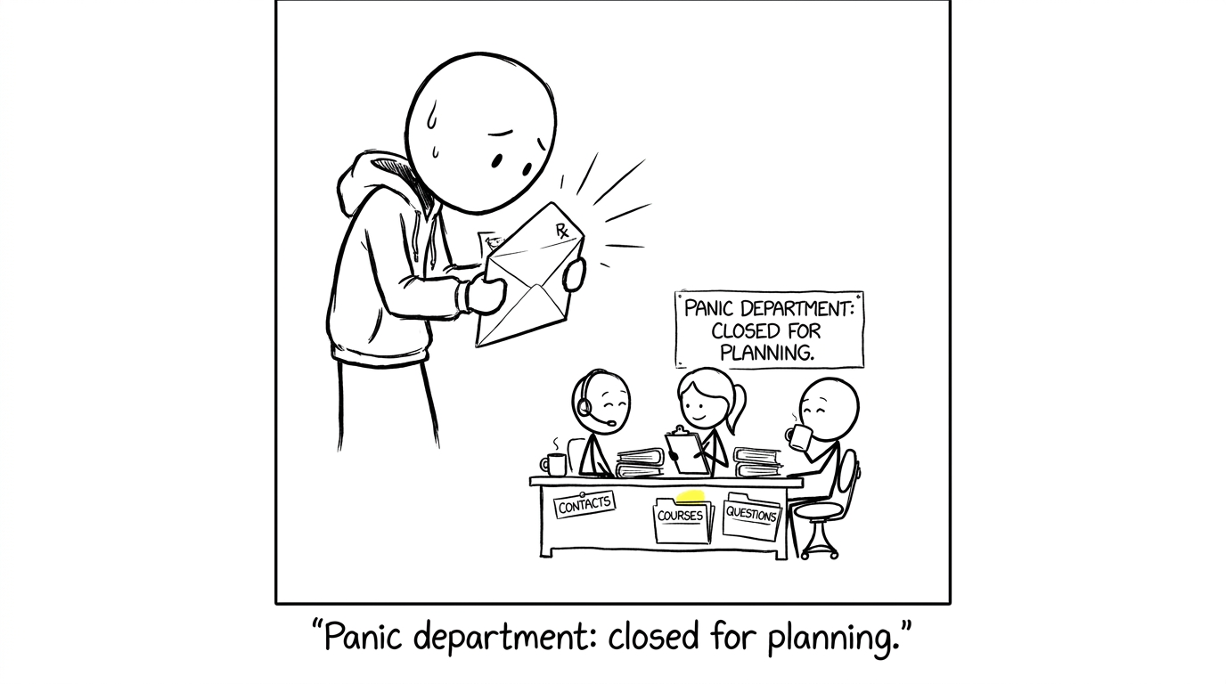 A remarkably calm emergency planning team waits behind a student opening an envelope