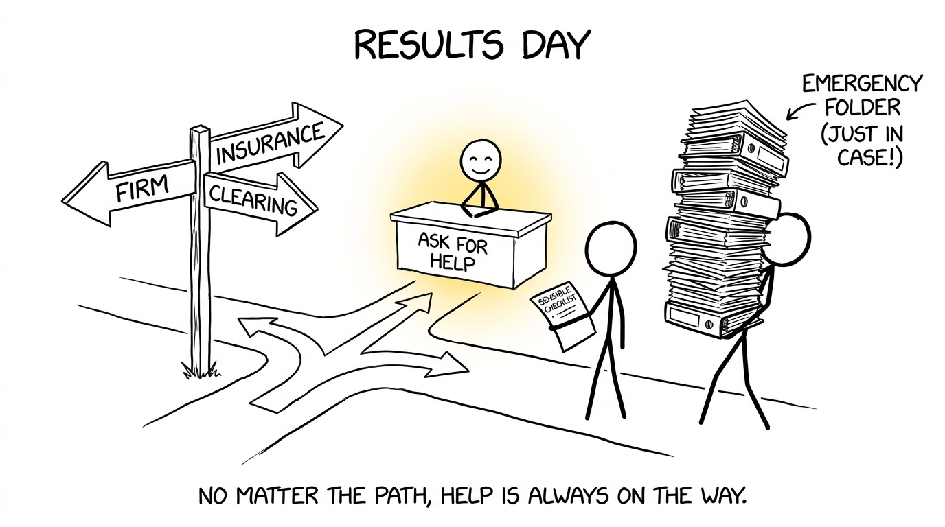 Results-day signpost pointing towards firm, insurance and Clearing routes