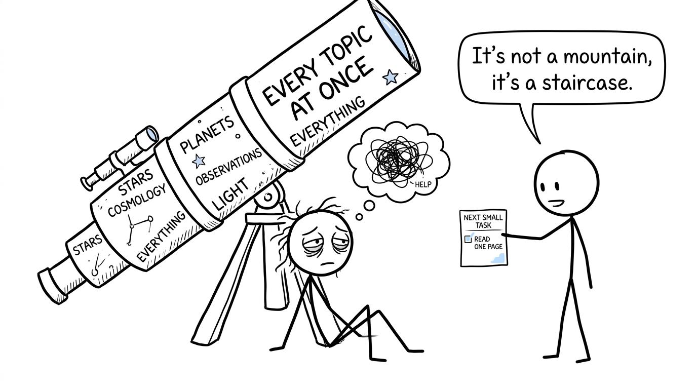 A student swaps an enormous telescope of every topic for one manageable revision checklist