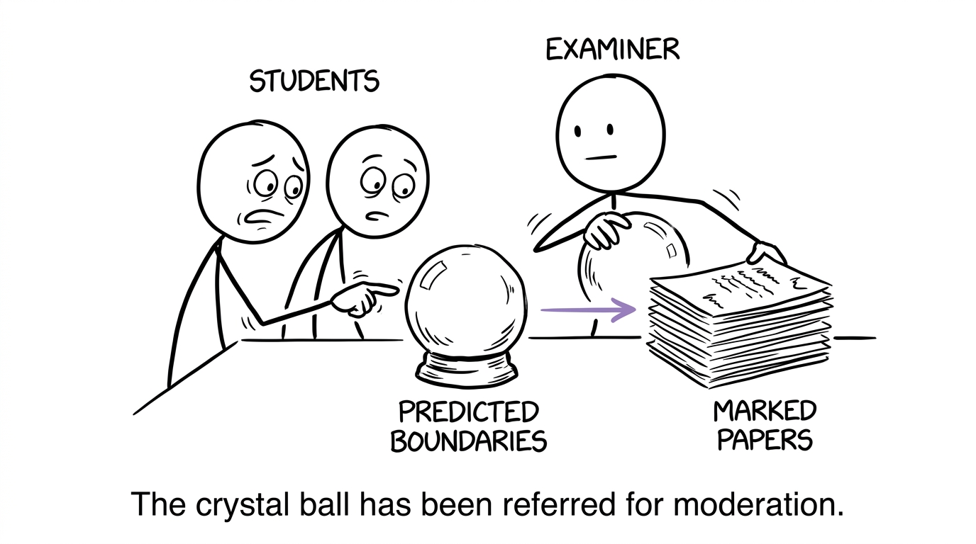 Students consult a predicted-boundary crystal ball while an examiner carries marked papers