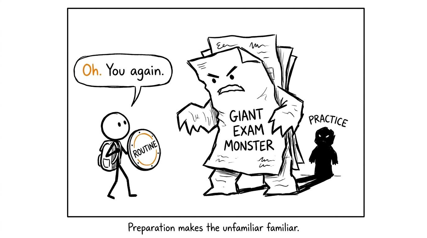 A prepared student meeting the familiar exam-paper monster