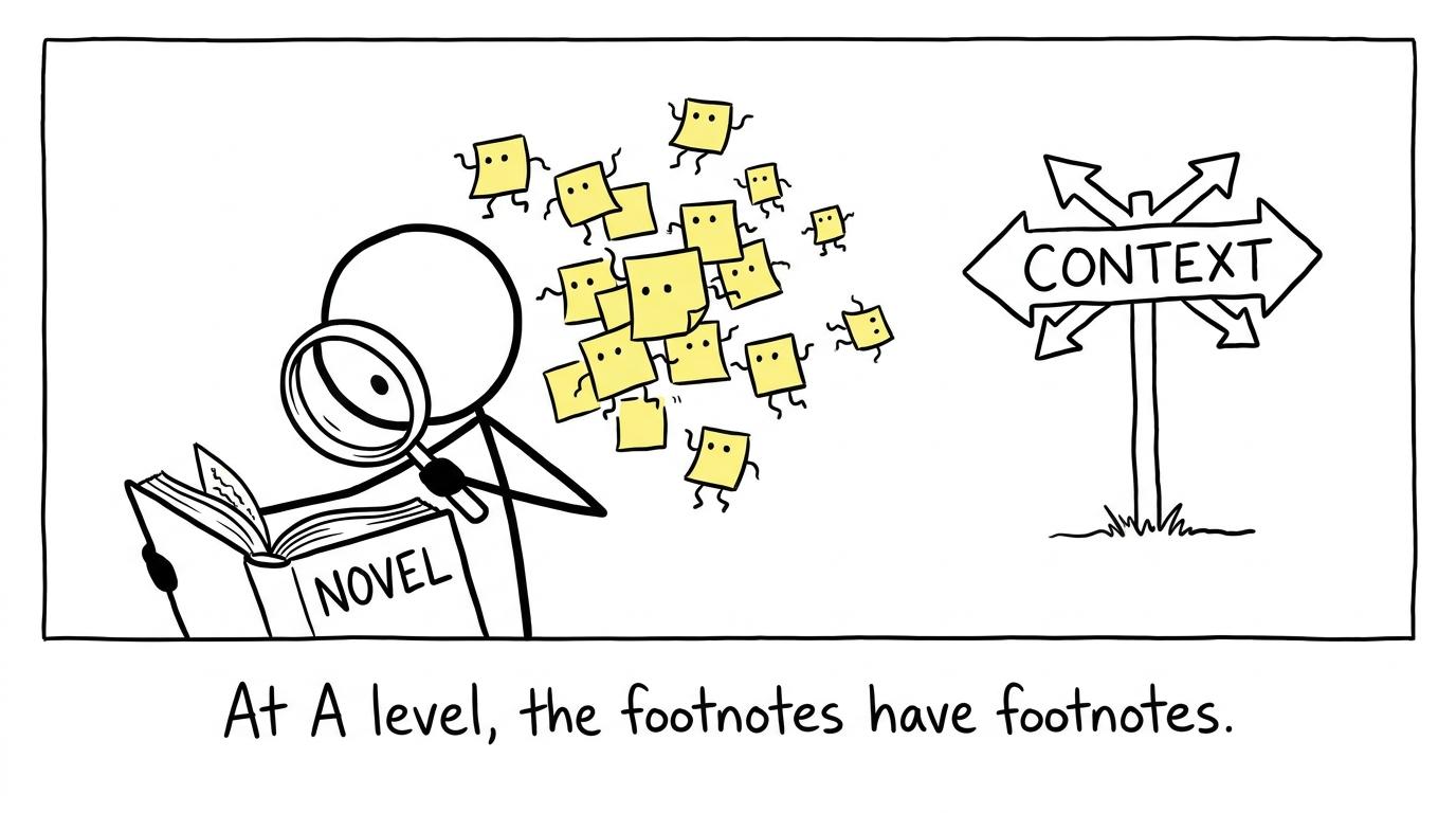 A literary detective discovers that the footnotes have footnotes