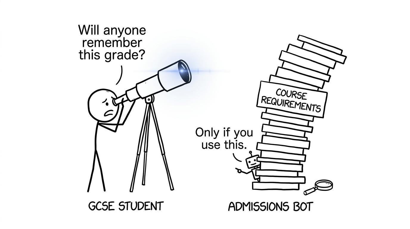 A student asks whether anyone will remember their astronomy grade while an admissions robot searches course requirements