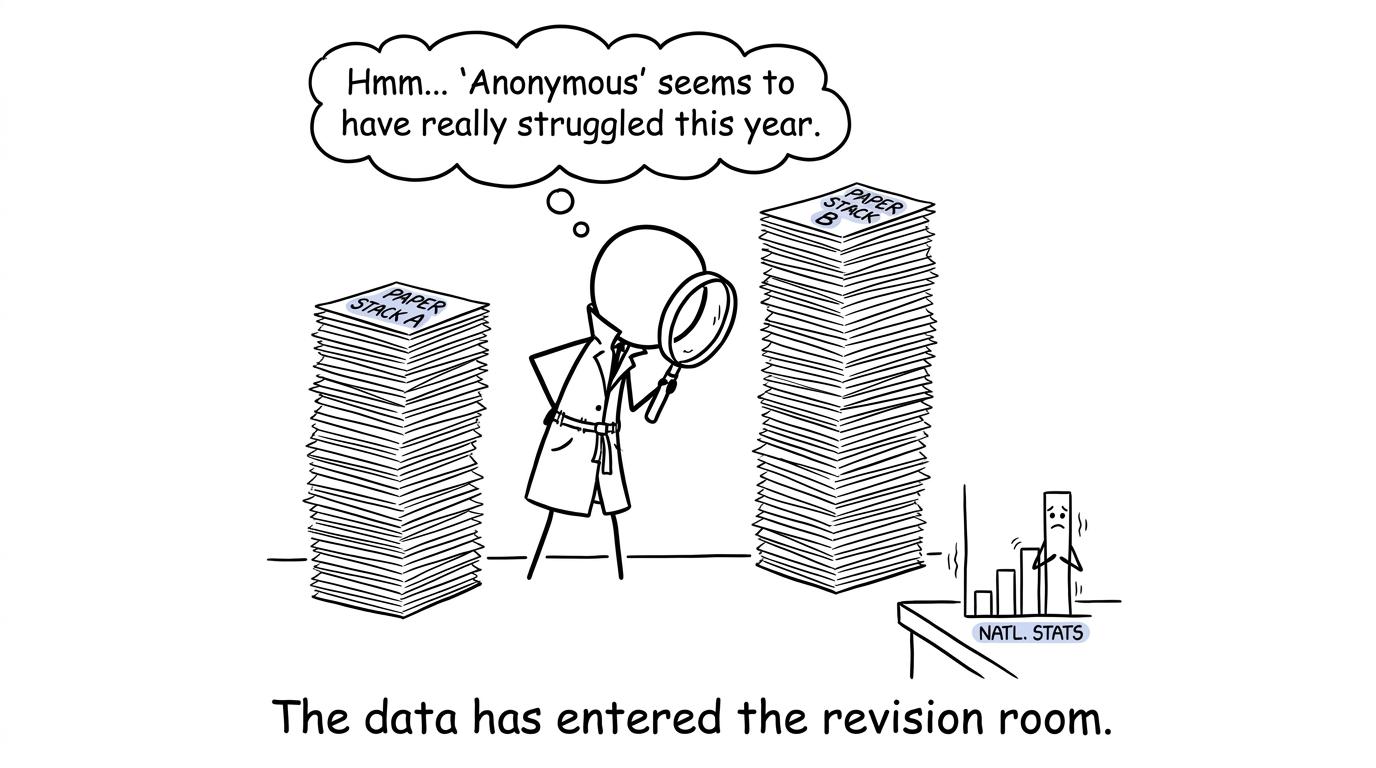 A student detective investigates national exam data while a bar chart hides behind a desk