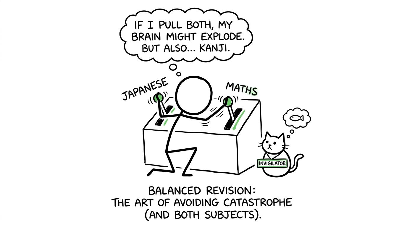 A student trying to balance Japanese and maths revision without turning both to maximum