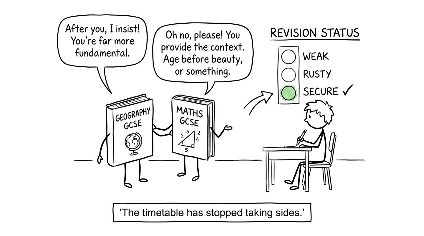 Geography and maths books negotiating their places in a revision timetable