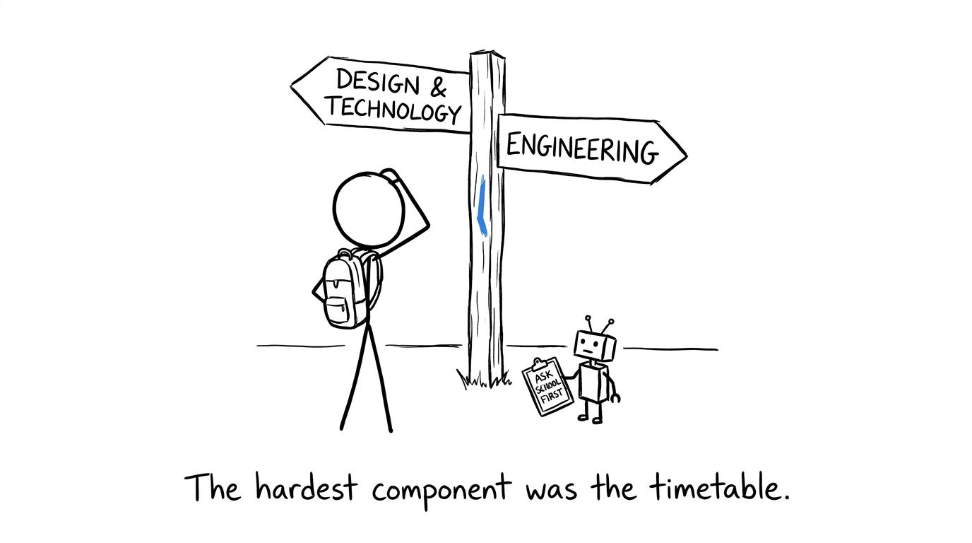 A student choosing between Design and Technology and Engineering while a robot recommends asking the school