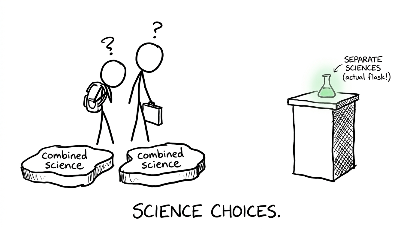 Combined Science represented by two stepping stones beside separate Chemistry