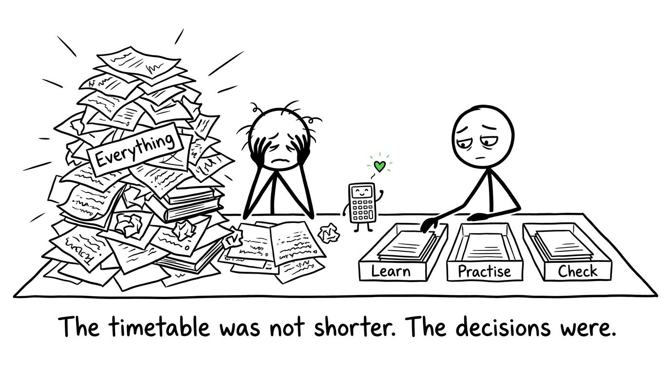 One student faces a chaotic revision pile while another uses three calm trays labelled Learn, Practise and Check