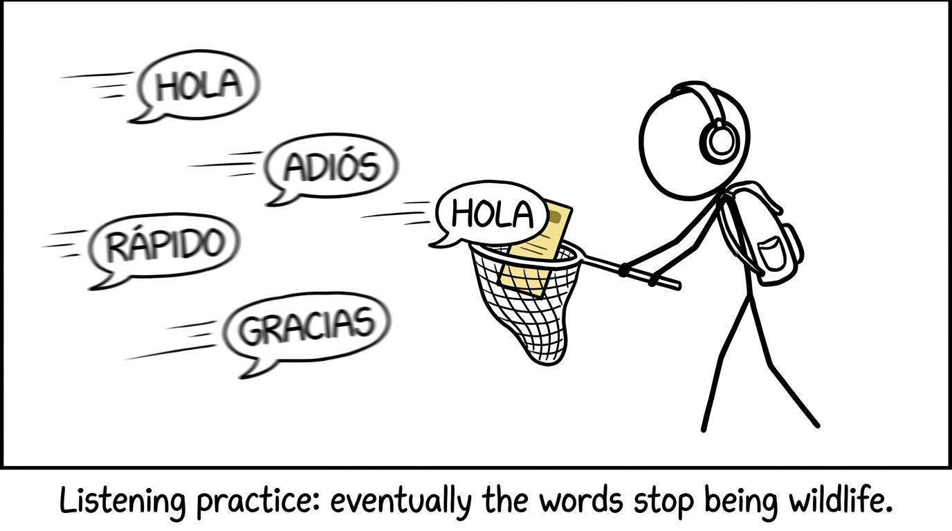 A student catches fast Spanish words with a butterfly net during listening practice