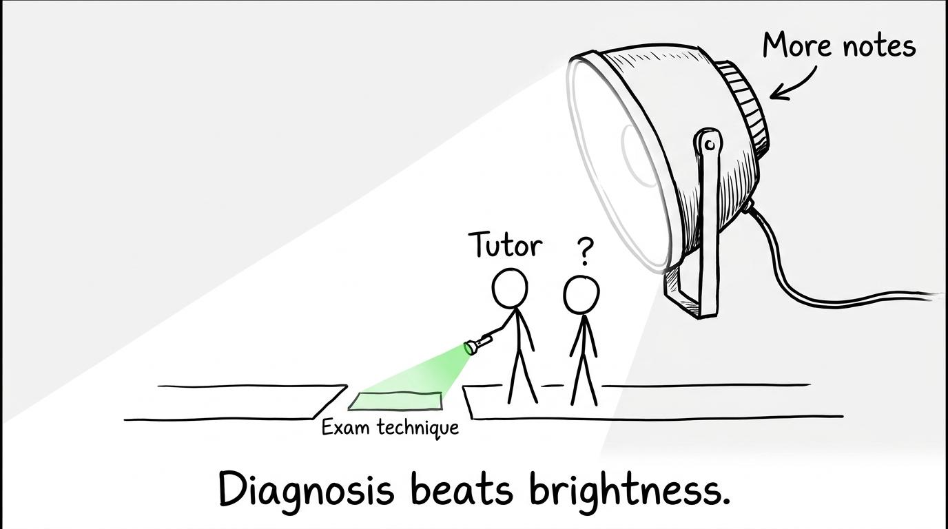 A tutor diagnosing one exam-technique gap while a giant floodlight of extra notes points elsewhere
